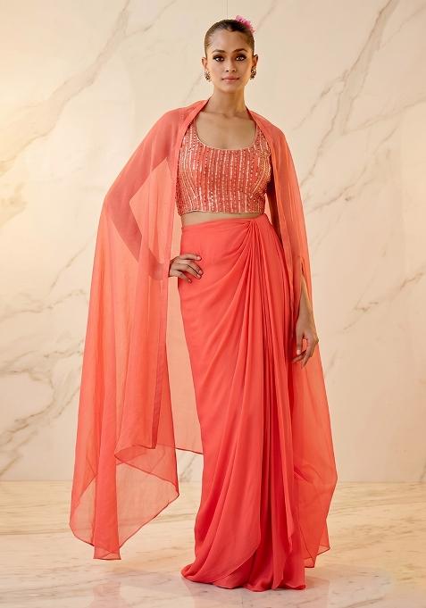 Coral Embroidered Handwork Fusion Set