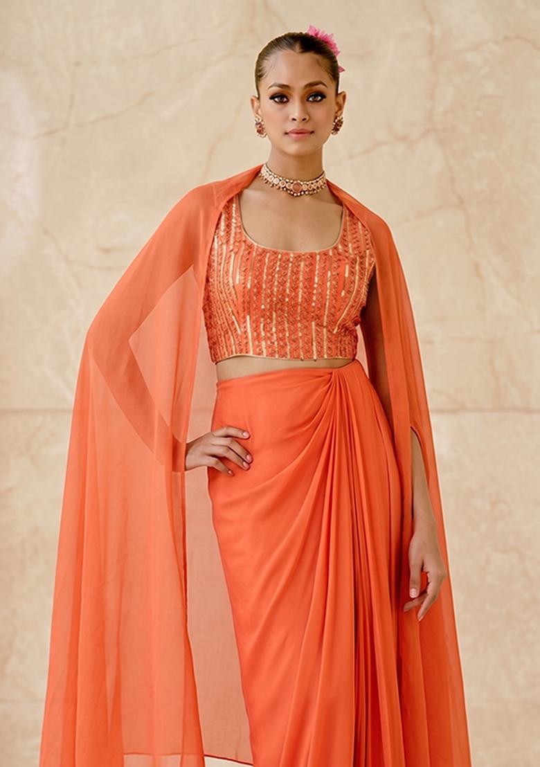 Orange Embroidered Handwork Fusion Set - Indya