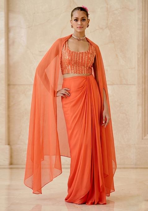 Orange Embroidered Handwork Fusion Set