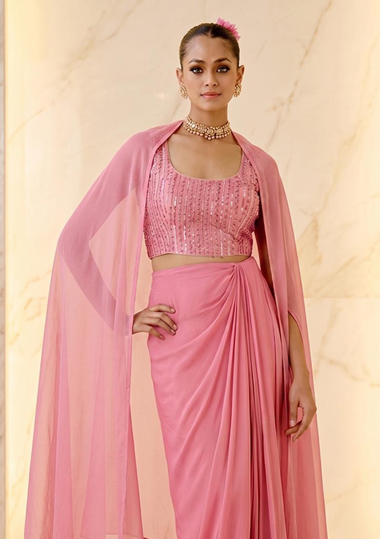 Dusty Rose Embroidered Handwork Fusion Set - Indya