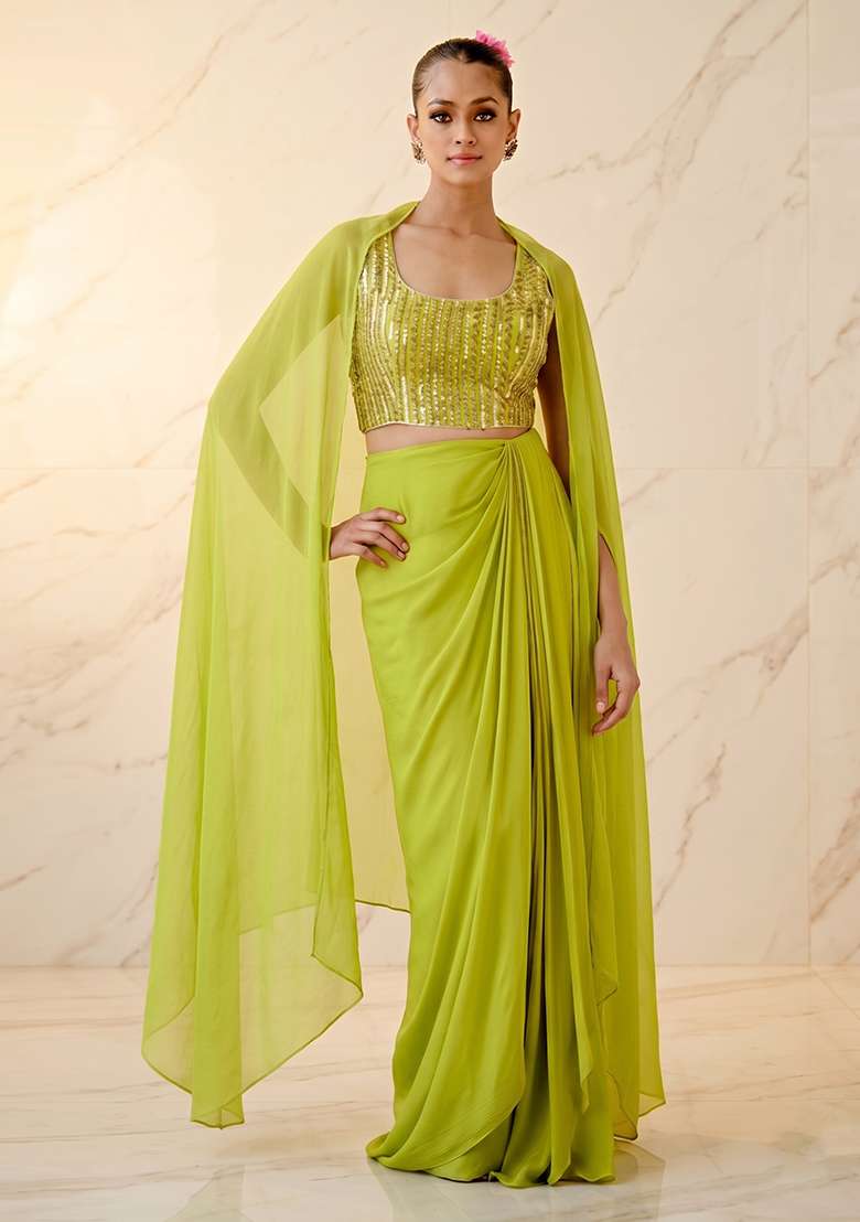 Lime Green Embroidered Handwork Fusion Set - Indya