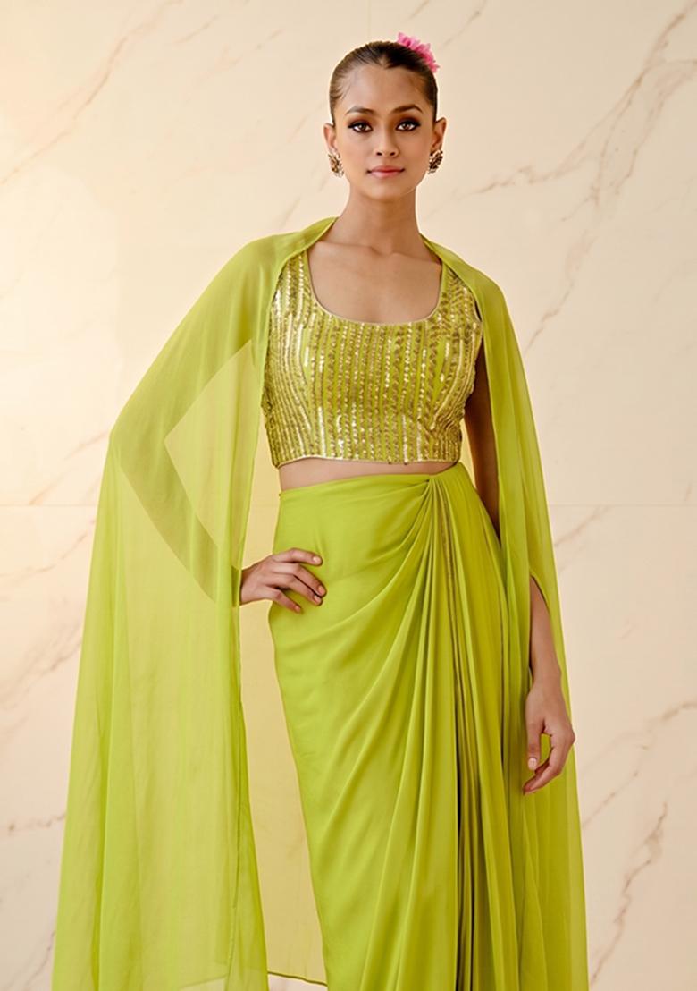 Lime Green Embroidered Handwork Fusion Set - Indya