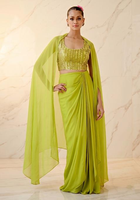Lime Green Embroidered Handwork Fusion Set