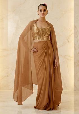 Brown Embroidered Handwork Fusion Set