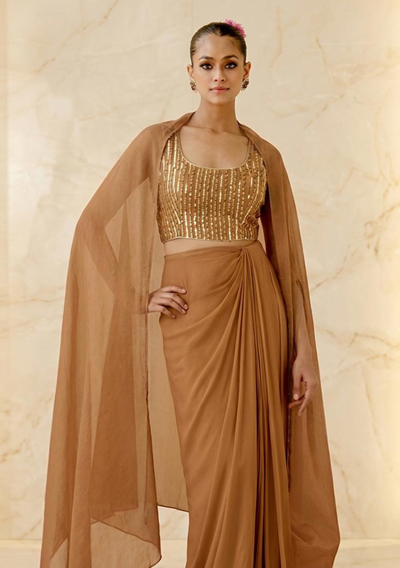 Brown Embroidered Handwork Fusion Set - Indya