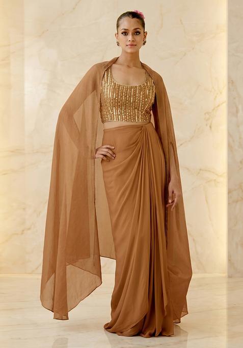 Brown Embroidered Handwork Fusion Set