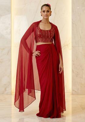 Red Embroidered Handwork Fusion Set