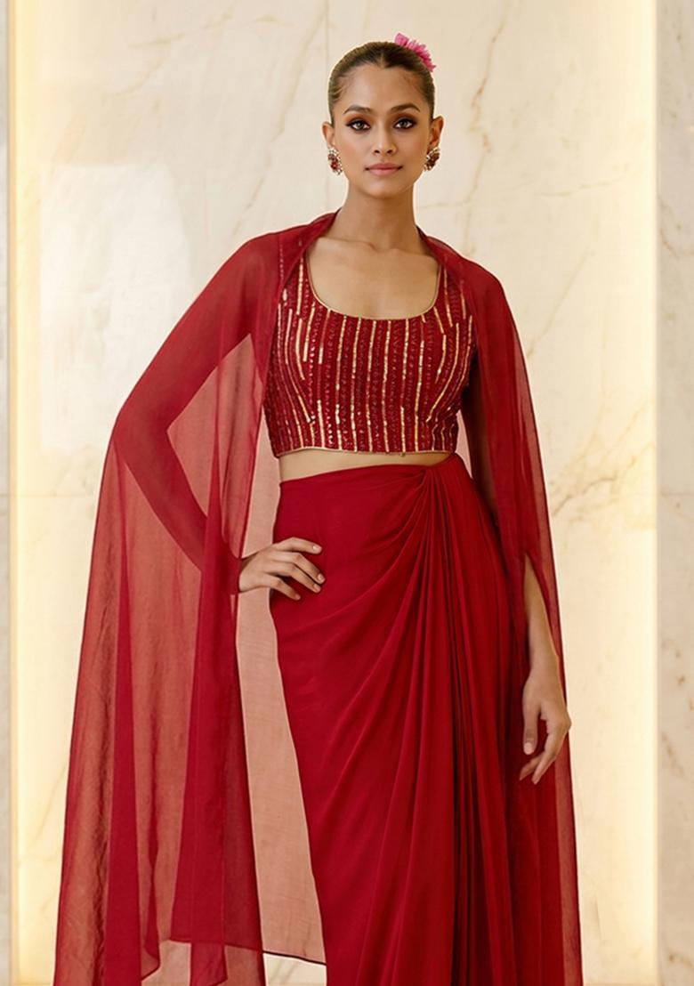 Red Embroidered Handwork Fusion Set - Indya