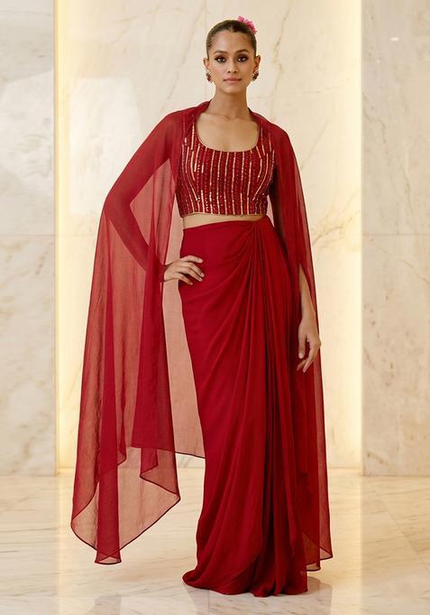 Red Embroidered Handwork Fusion Set