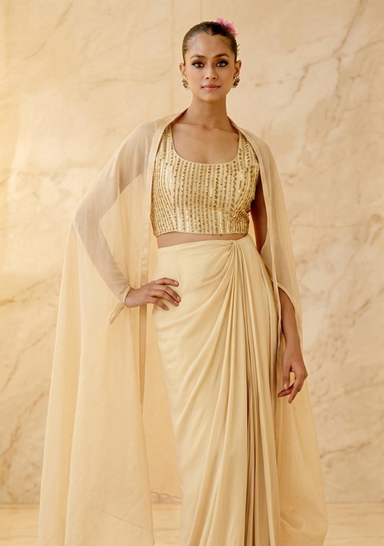 Beige Embroidered Handwork Fusion Set - Indya