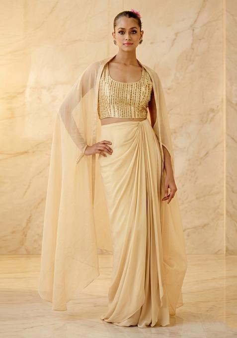 Beige Embroidered Handwork Fusion Set