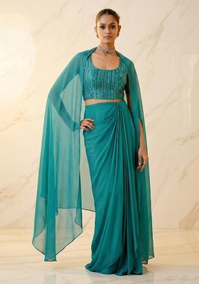 Teal Embroidered Handwork Fusion Set