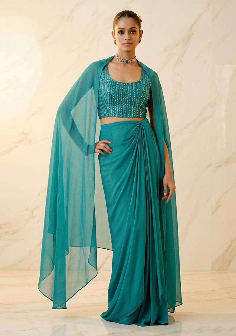 Teal Embroidered Handwork Fusion Set - Indya