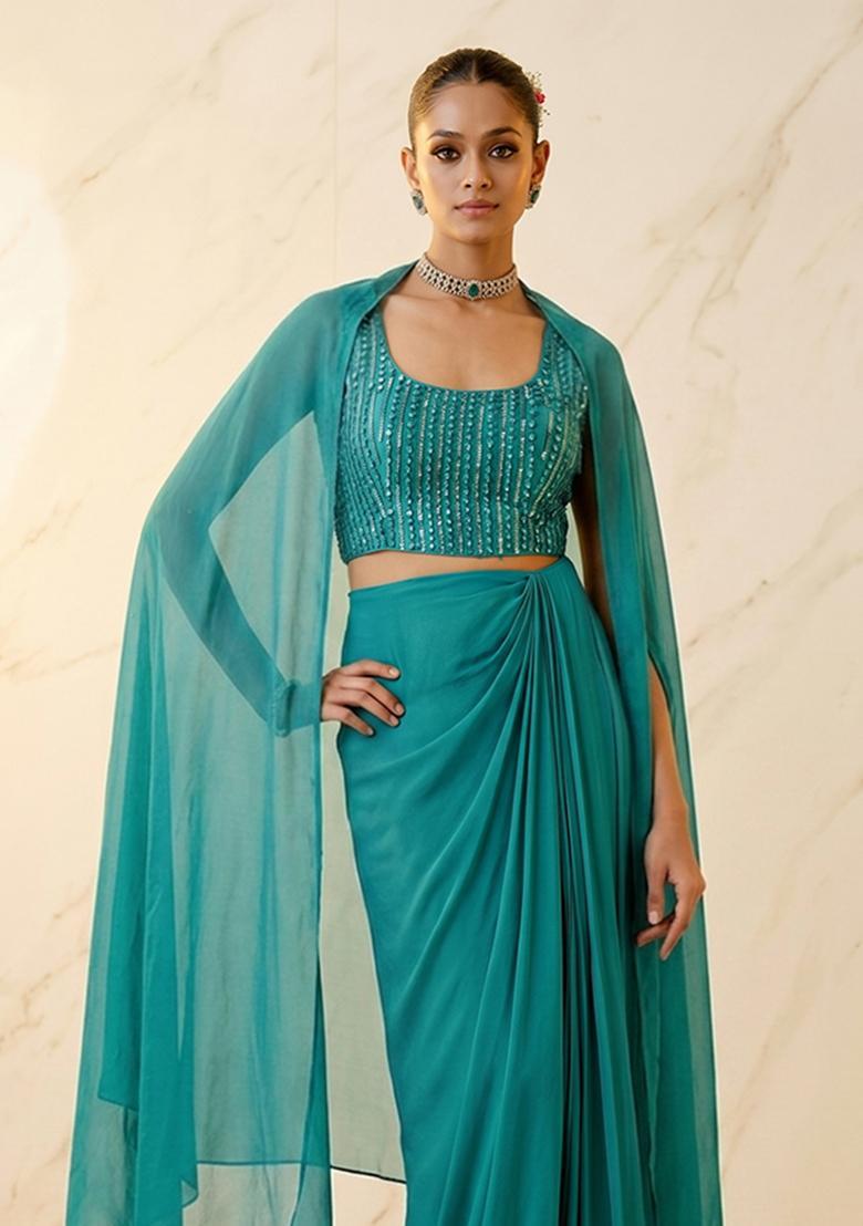 Teal Embroidered Handwork Fusion Set - Indya