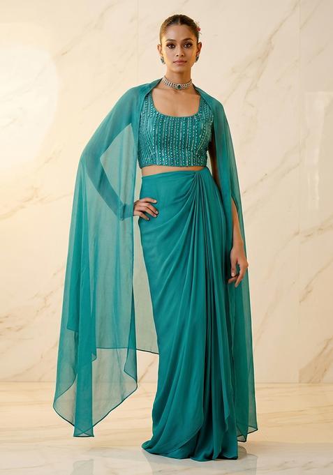 Teal Embroidered Handwork Fusion Set