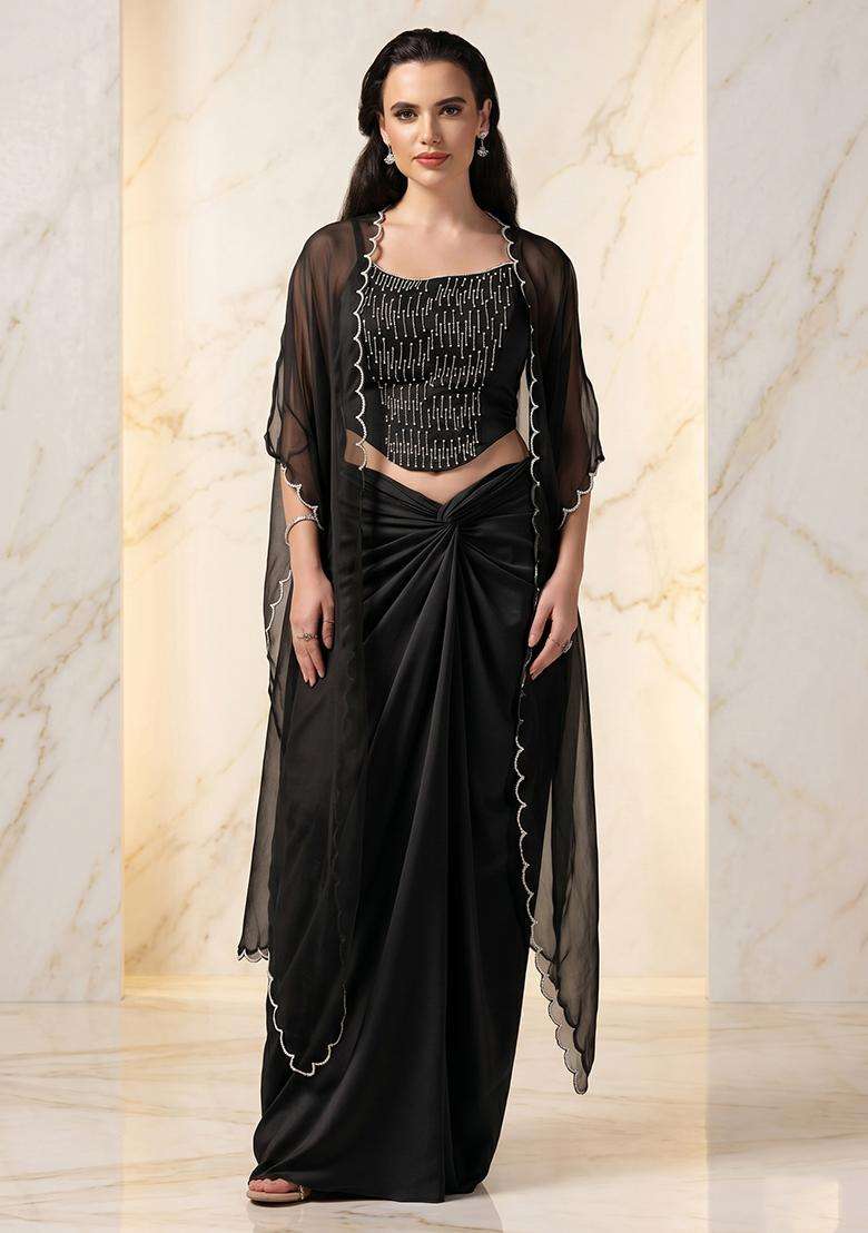 Black Embroidered Handwork Fusion Set - Indya