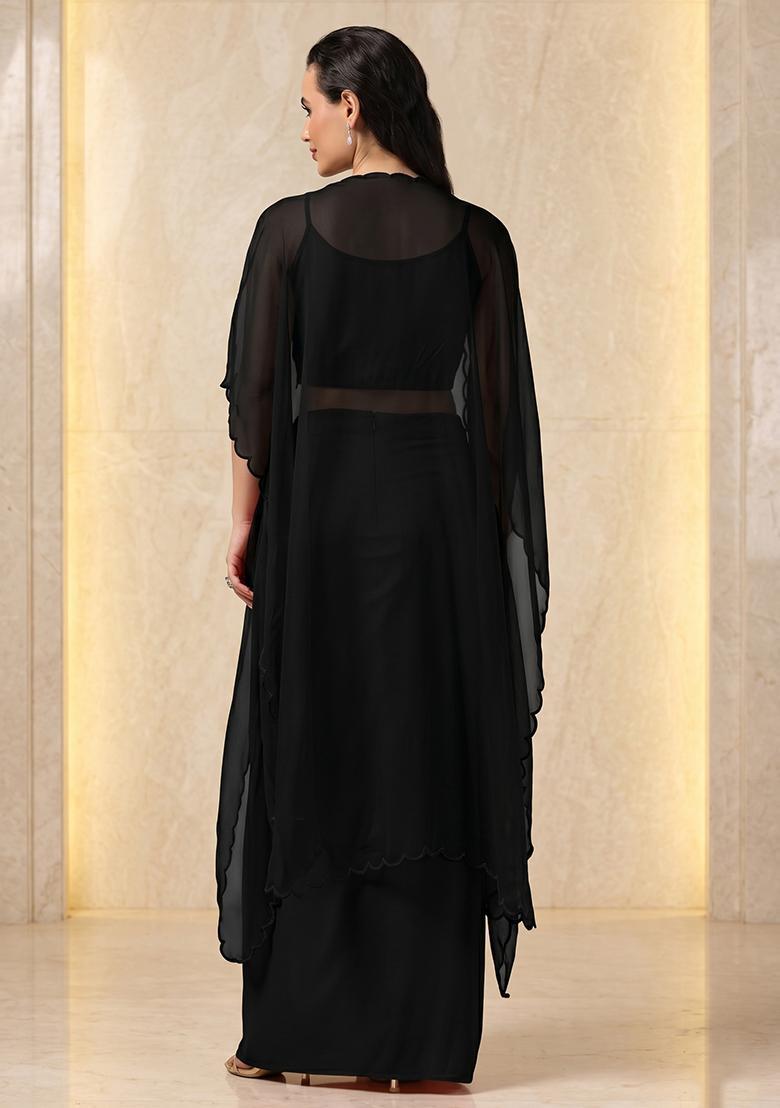 Black Embroidered Handwork Fusion Set - Indya
