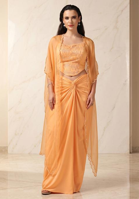 Peach Embroidered Handwork Fusion Set
