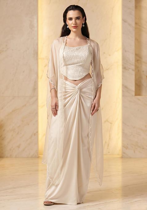 White Embroidered Handwork Fusion Set