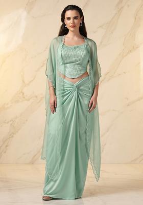 Mint Green Embroidered Handwork Fusion Set