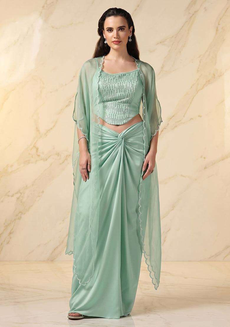 Mint Green Embroidered Handwork Fusion Set - Indya