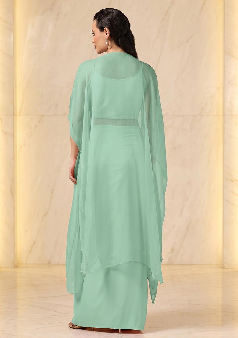 Mint Green Embroidered Handwork Fusion Set - Indya