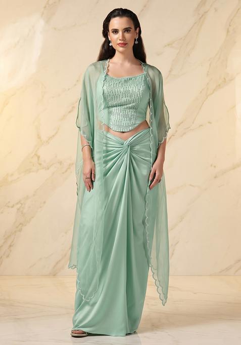 Mint Green Embroidered Handwork Fusion Set