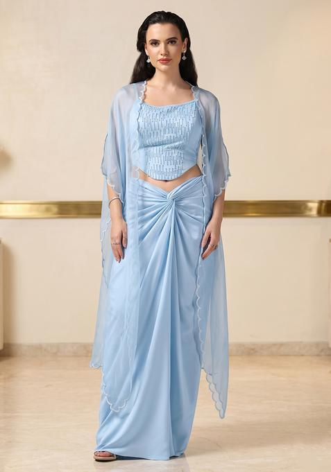 Blue Embroidered Handwork Fusion Set