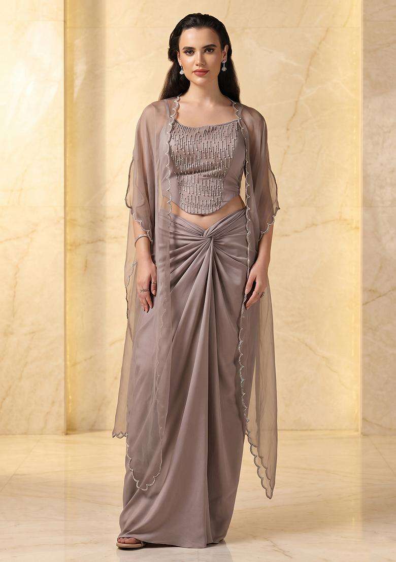 Taupe Embroidered Handwork Fusion Set - Indya