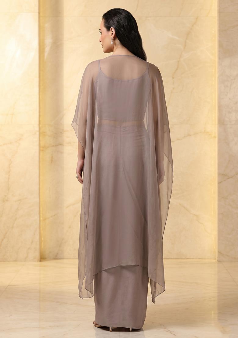 Taupe Embroidered Handwork Fusion Set - Indya