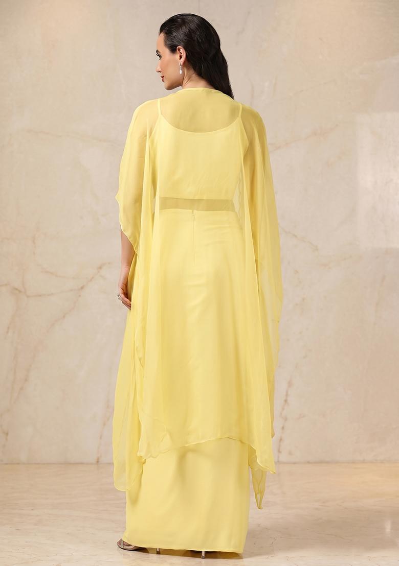 Pastel Yellow Embroidered Handwork Fusion Set - Indya