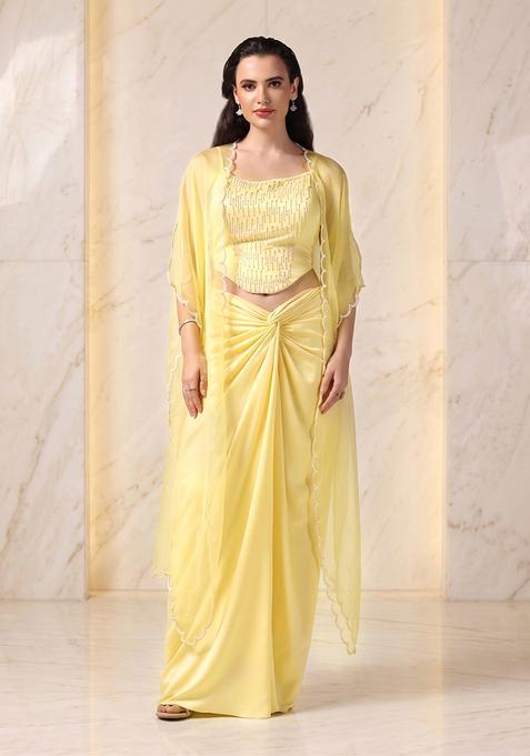 Pastel Yellow Embroidered Handwork Fusion Set