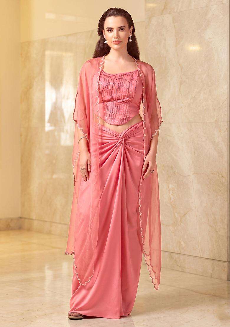 Rose Pink Embroidered Handwork Fusion Set - Indya