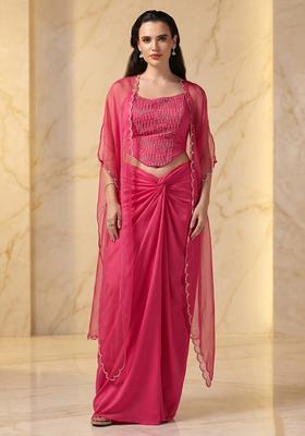 Rani Pink Embroidered Handwork Fusion Set