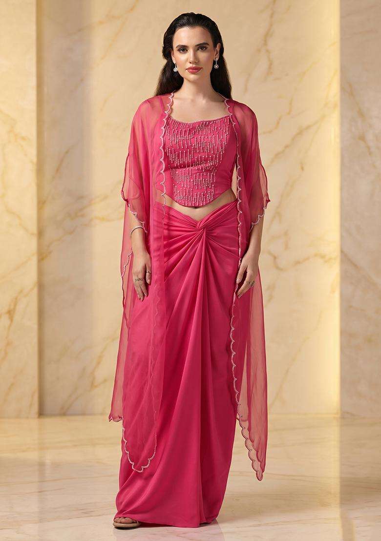 Rani Pink Embroidered Handwork Fusion Set - Indya
