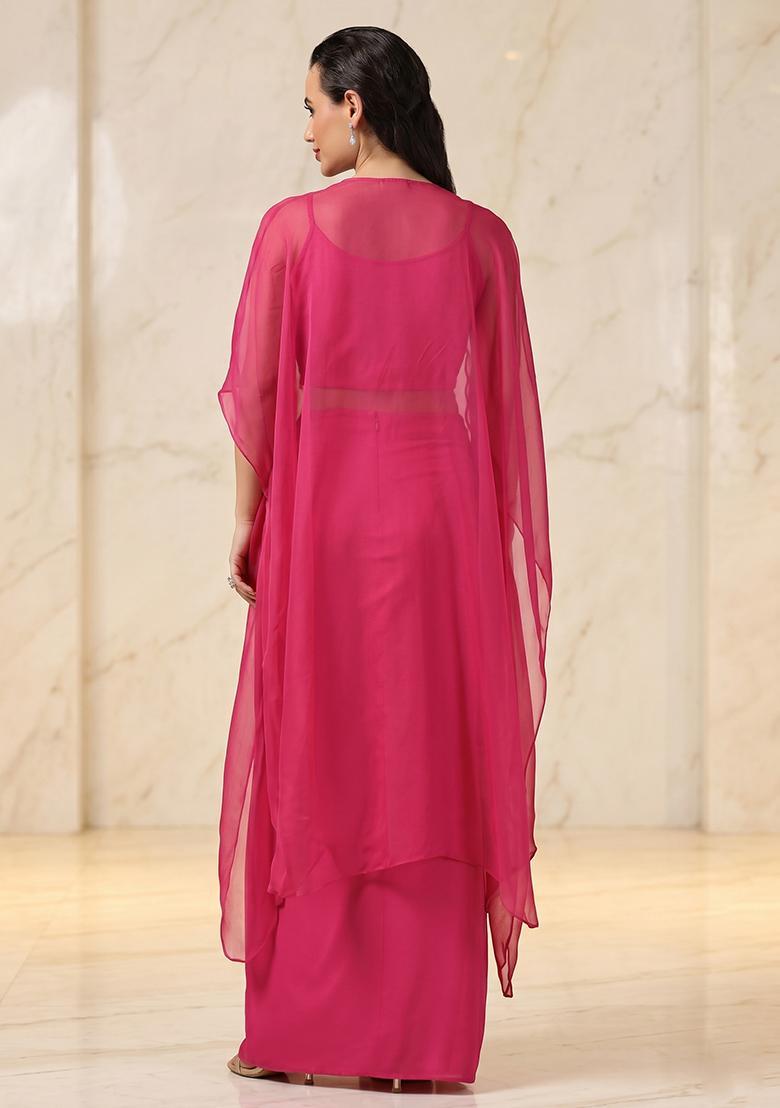 Rani Pink Embroidered Handwork Fusion Set - Indya