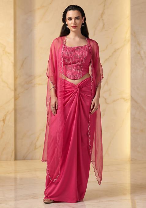 Rani Pink Embroidered Handwork Fusion Set