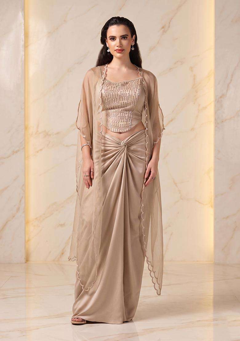 Beige Embroidered Handwork Fusion Set - Indya