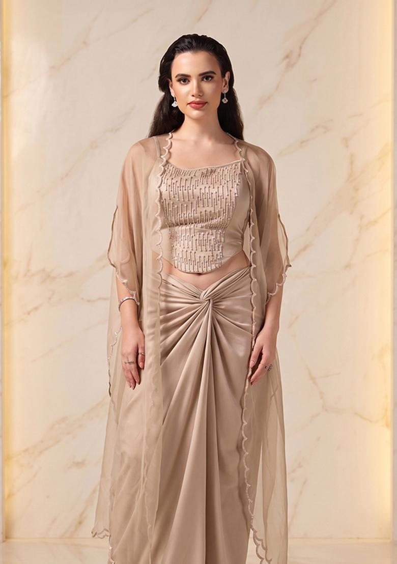 Beige Embroidered Handwork Fusion Set - Indya