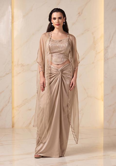 Beige Embroidered Handwork Fusion Set
