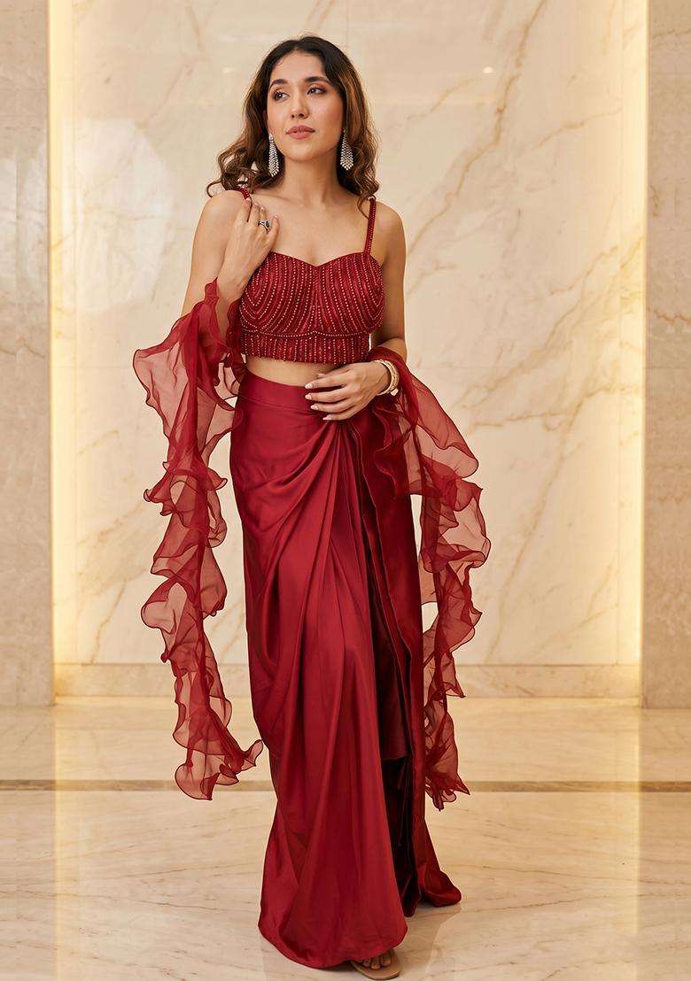 Red Embroidered Handwork Fusion Set - Indya