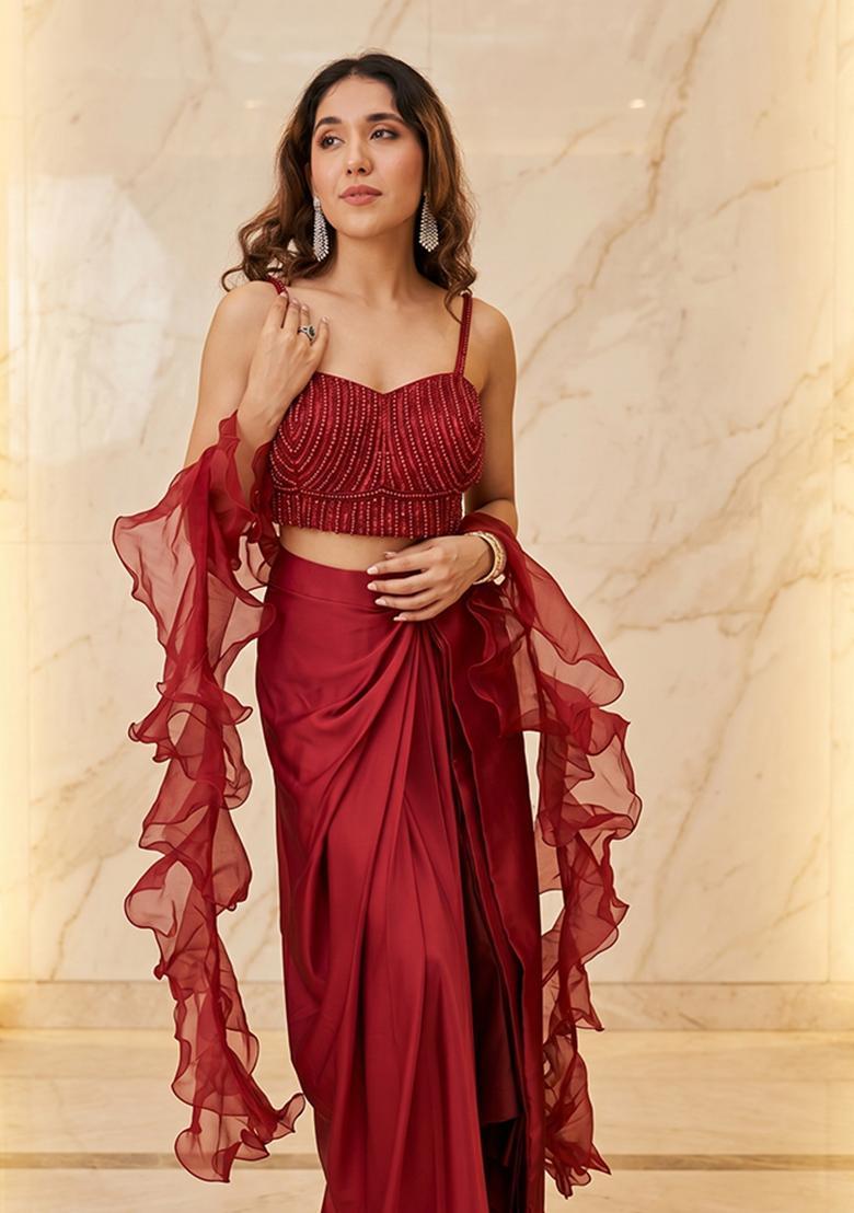 Red Embroidered Handwork Fusion Set - Indya