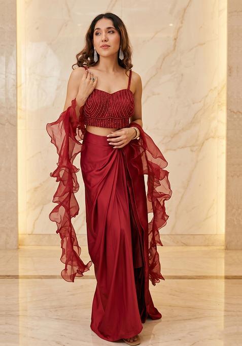 Red Embroidered Handwork Fusion Set