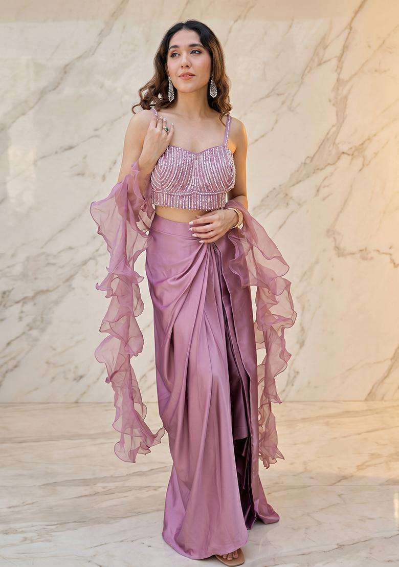 Mauve Embroidered Handwork Fusion Set - Indya
