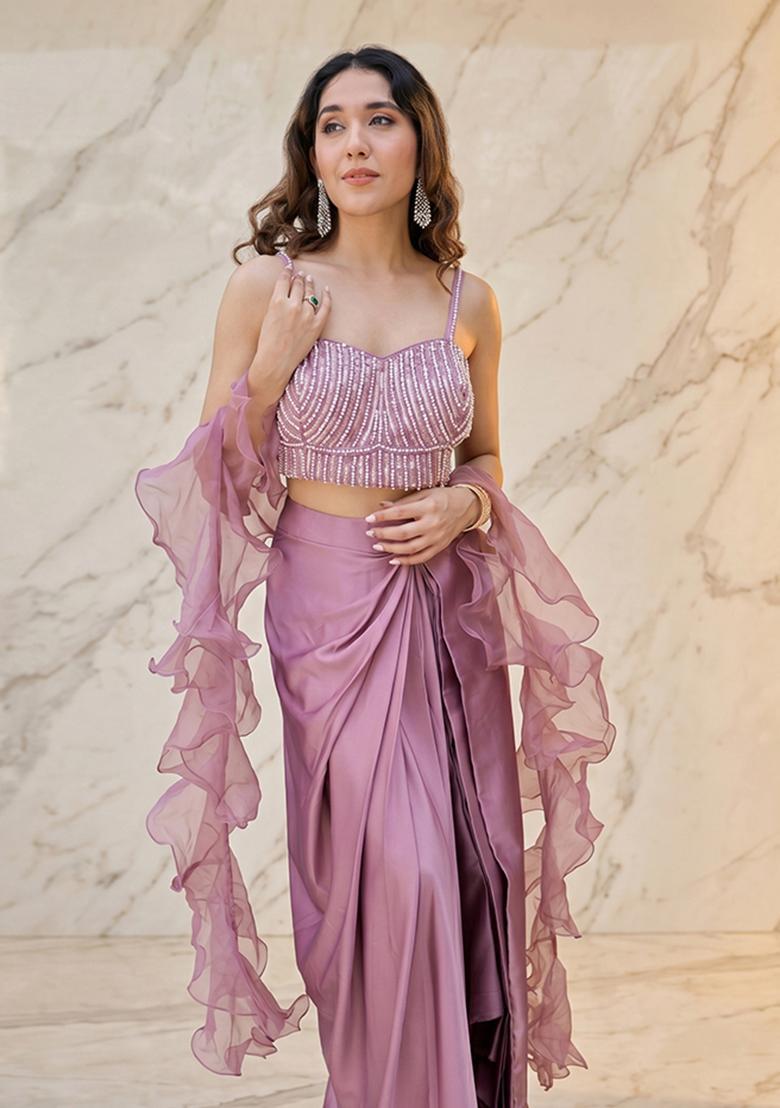 Mauve Embroidered Handwork Fusion Set - Indya