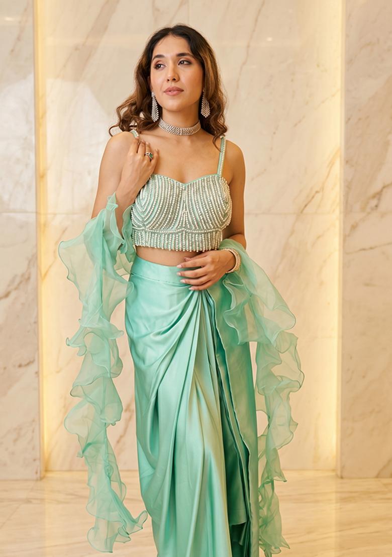 Mint Green Embroidered Handwork Fusion Set - Indya