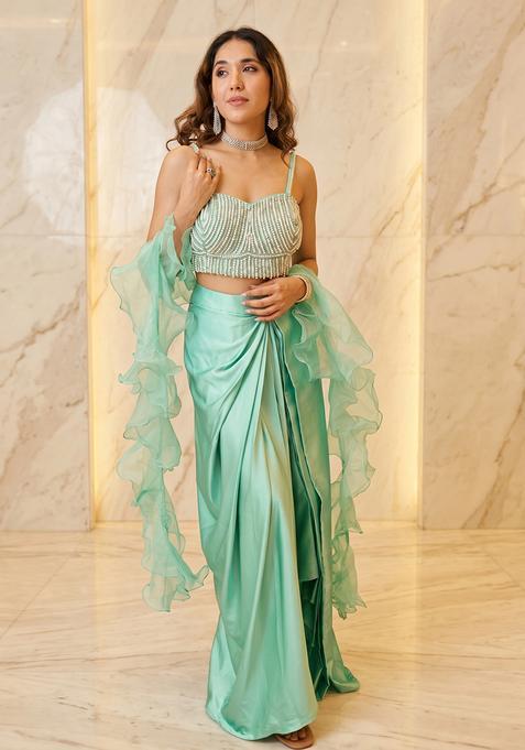 Mint Green Embroidered Handwork Fusion Set