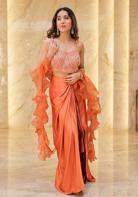 Orange Embroidered Handwork Fusion Set