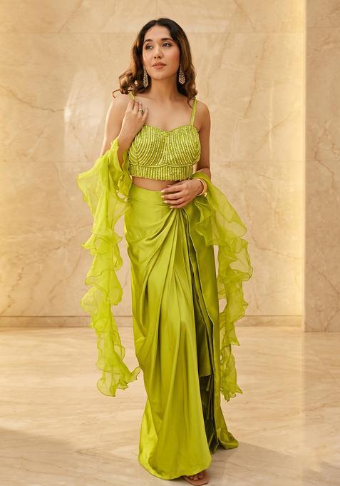 Lime Green Embroidered Handwork Fusion Set