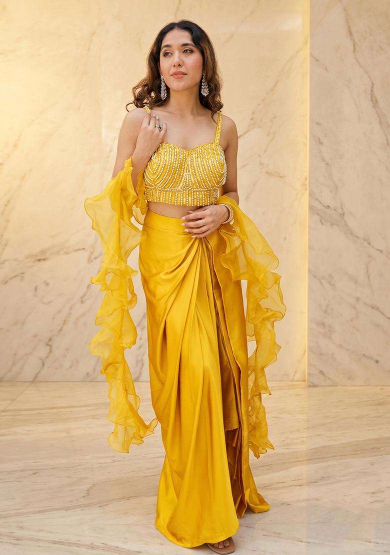 Mustard Embroidered Handwork Fusion Set - Indya